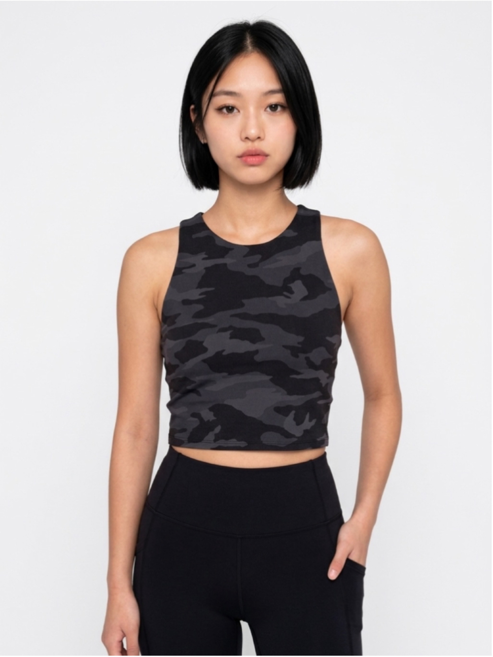 Athleta Conscious Crop Tank Bra A-C Black Gray Camo Size S